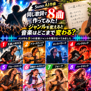 【Suno AI作曲】同じ歌詞で8曲作ってみた！ジャンルを変えると音楽はどこまで変わる？