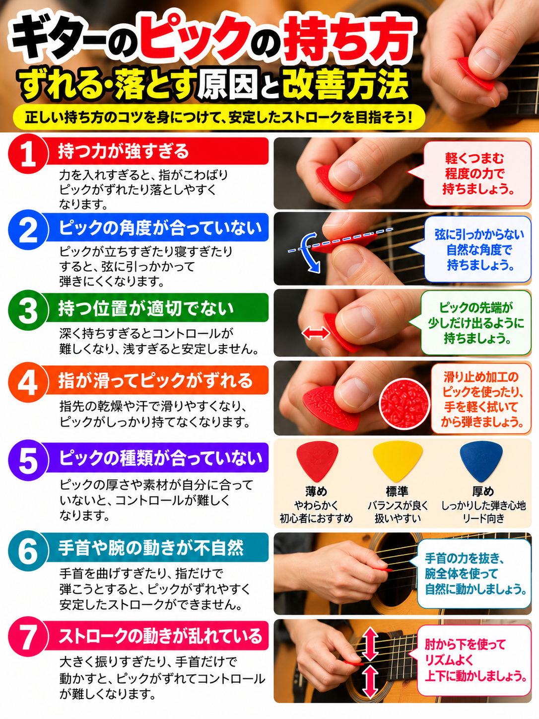 ギターのピックの持ち方とずれる・落ちる原因を解説した図解