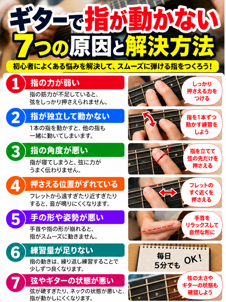 ギターで指が動かない7つの原因と解決方法を解説した図解
