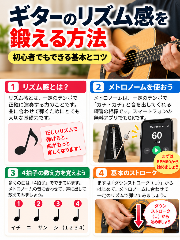 ギターのリズム感を鍛える方法:4拍子の数え方、メトロノーム、基本ストロークの図解