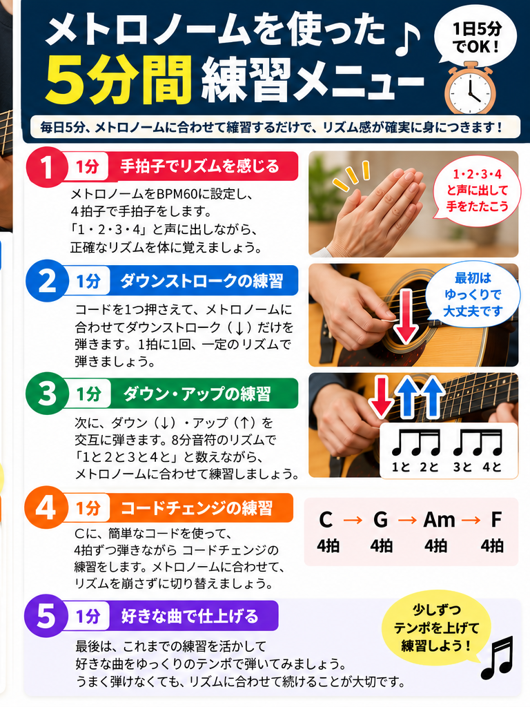メトロノームを使った5分間のギター練習メニュー:手拍子、ストローク、コードチェンジ