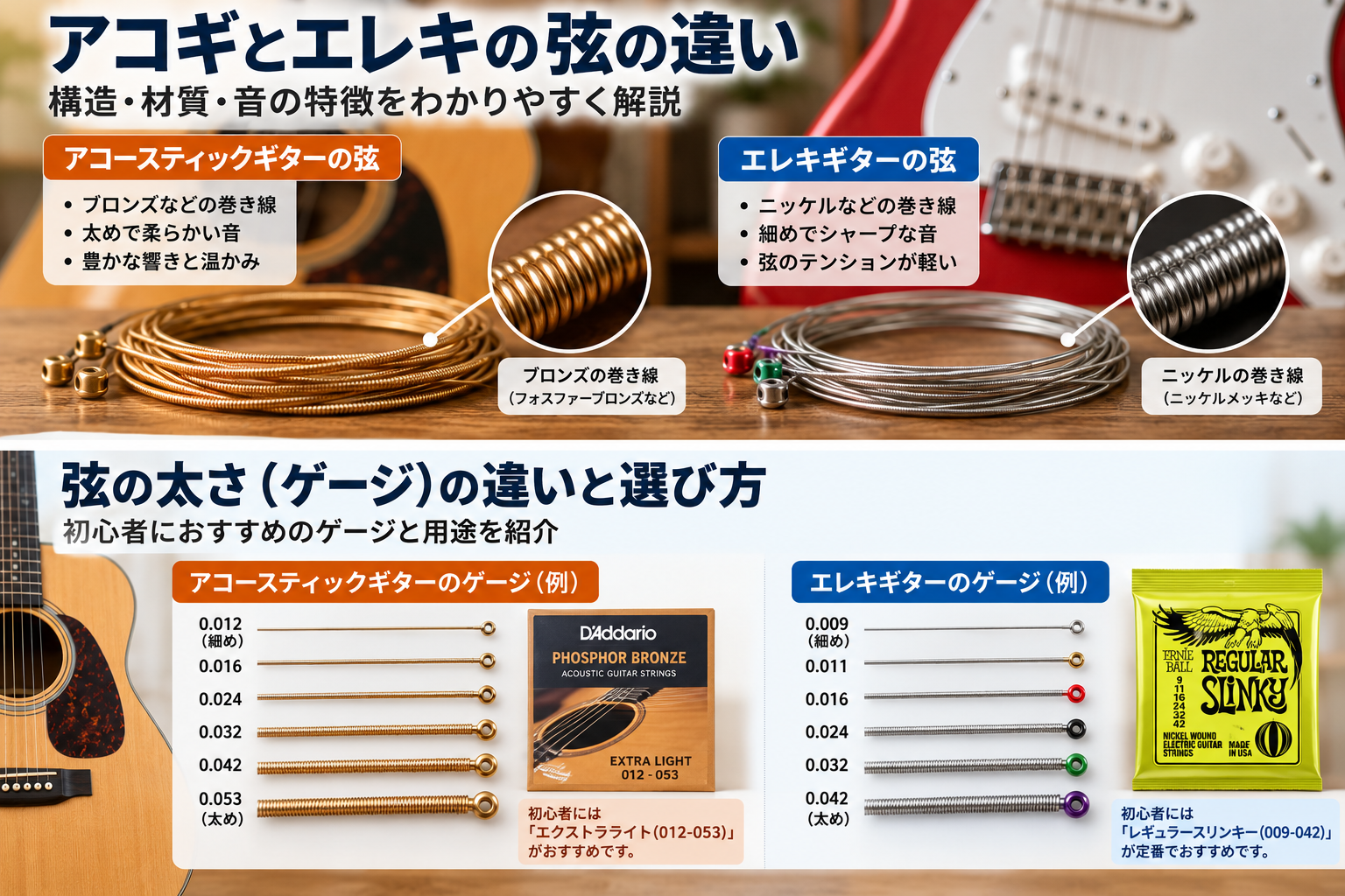 アコースティックギターとエレキギターの弦のゲージと選び方を比較するガイド画像