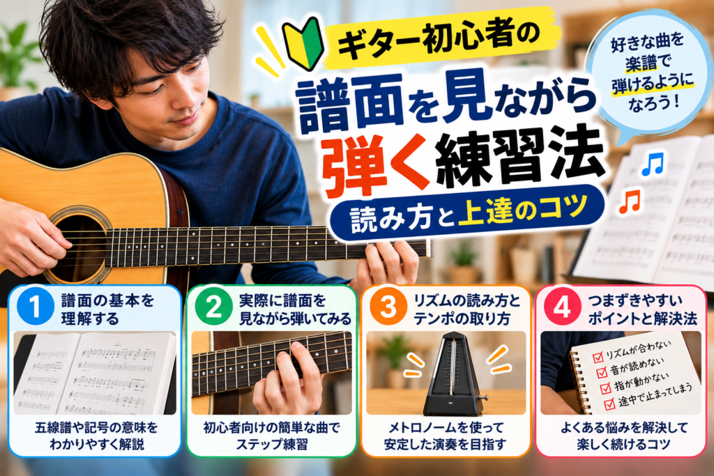 ギター初心者が譜面を見ながら弾く練習法とTAB譜の読み方を紹介する画像