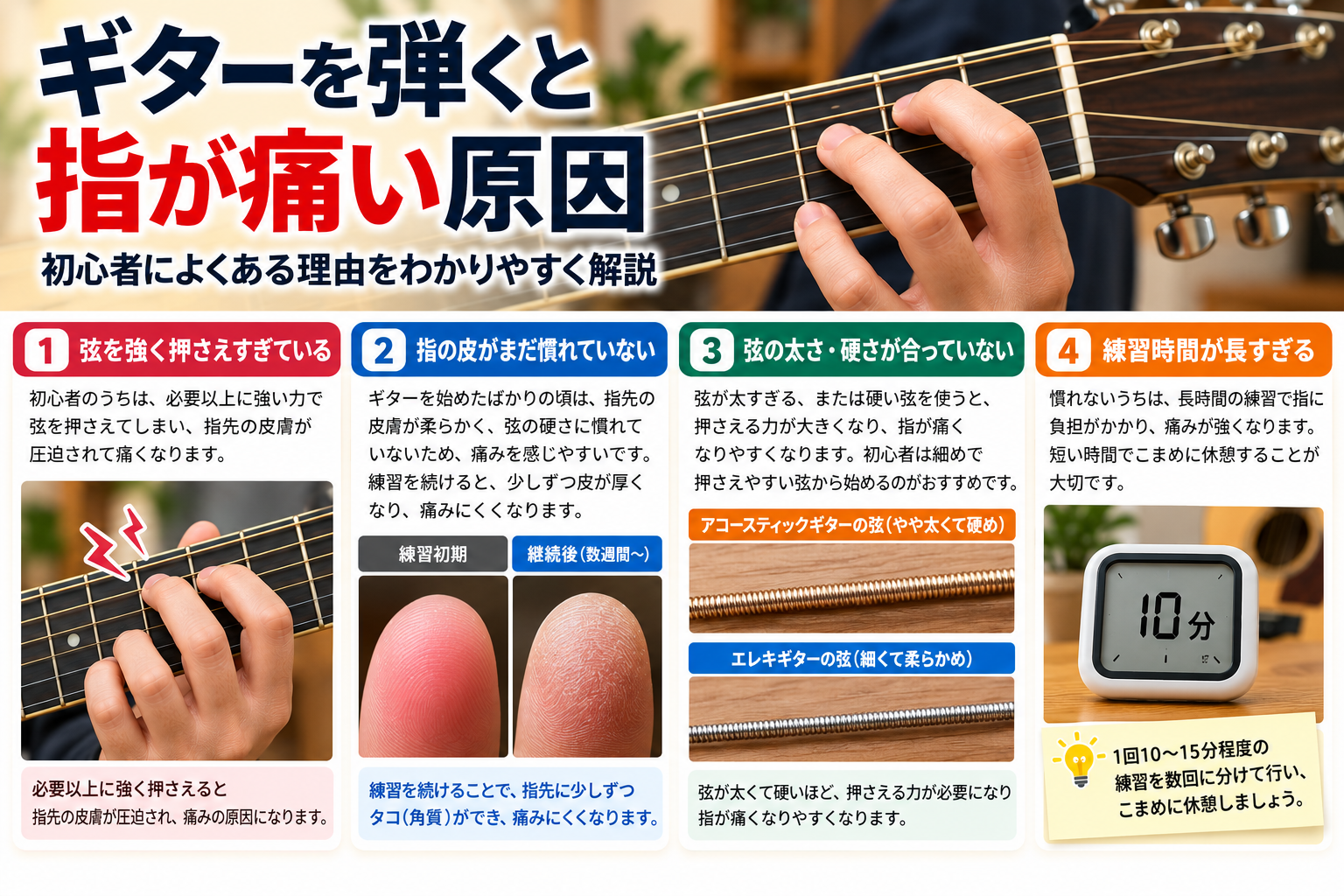 ギター初心者の指が痛くなる原因を、押さえる力や指先の状態、弦の太さ、練習時間から解説する画像