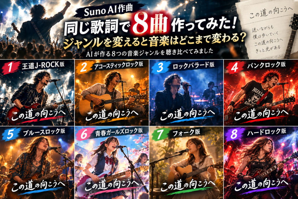 Suno AIで同じ歌詞を8ジャンルに作曲した聴き比べ企画のサムネイル