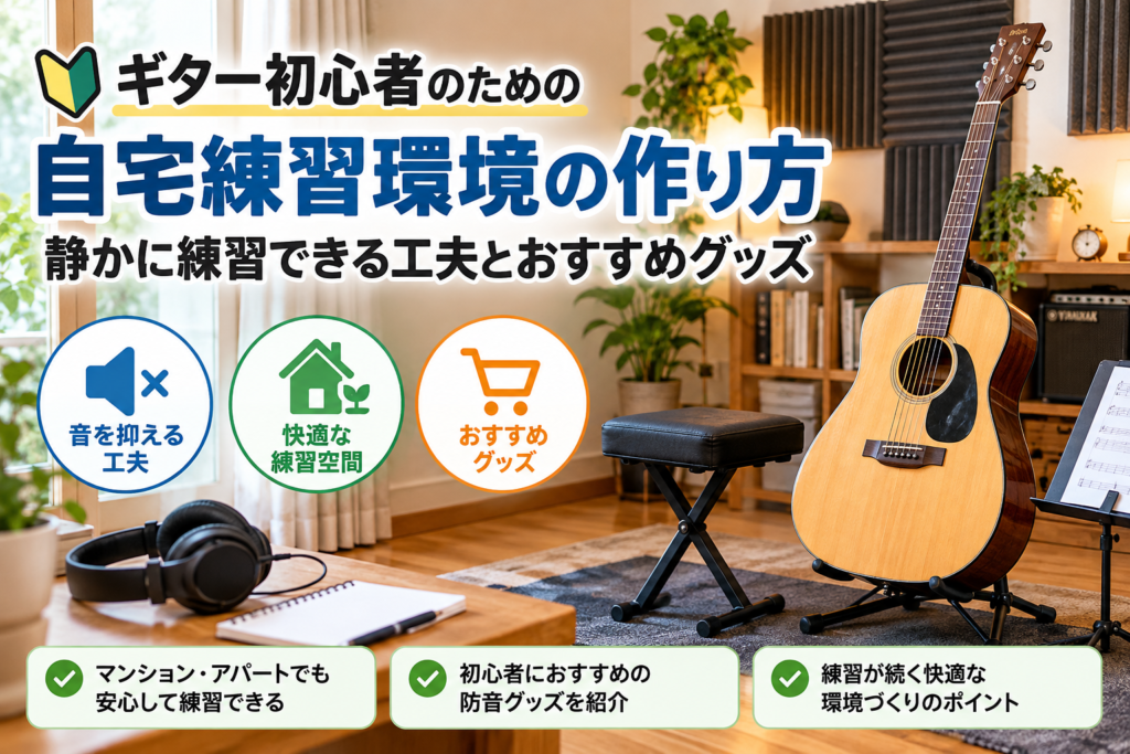 自宅でのギター練習環境の作り方と静音対策を紹介するイラスト